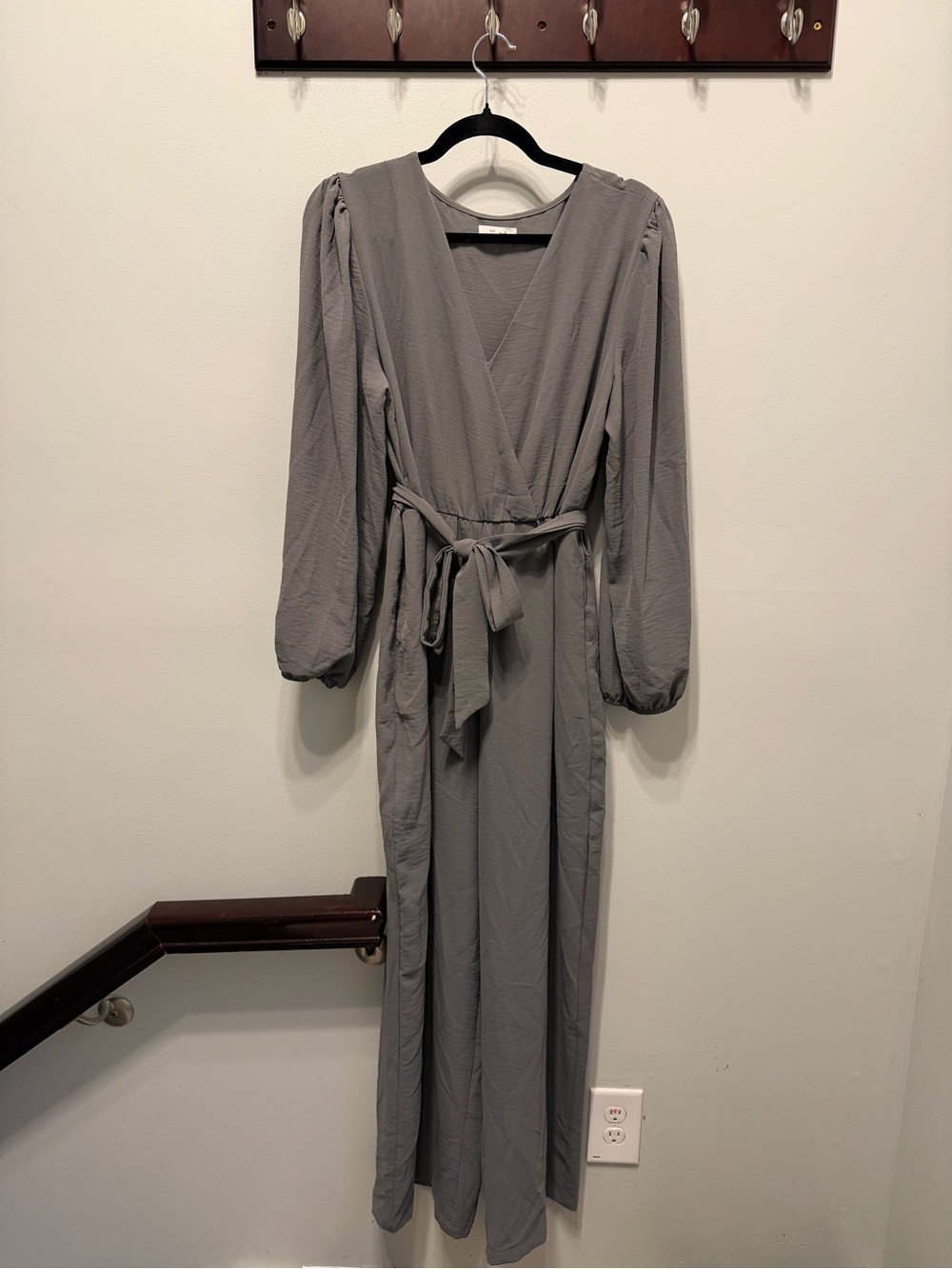 Wrap-Front Long Sleeve Jumpsuit in Gray